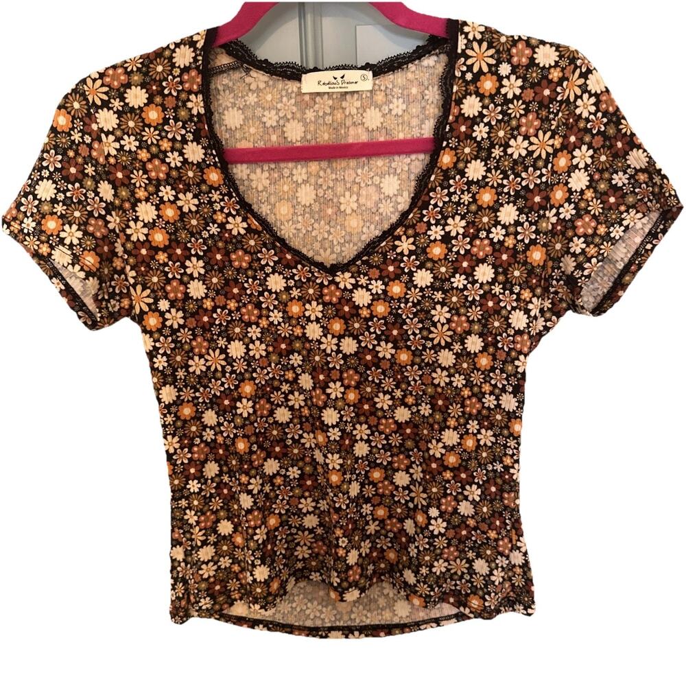 Rebellious Dreamer Women’s Top Blouse Ditzy Floral Boho Brown Y2K Lace V Neck S